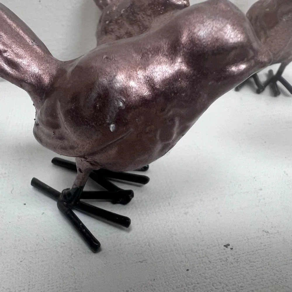 Set of 4 EBOT Metallic Rose Gold Bird Figurines with Black Wire Feet Cast Iron